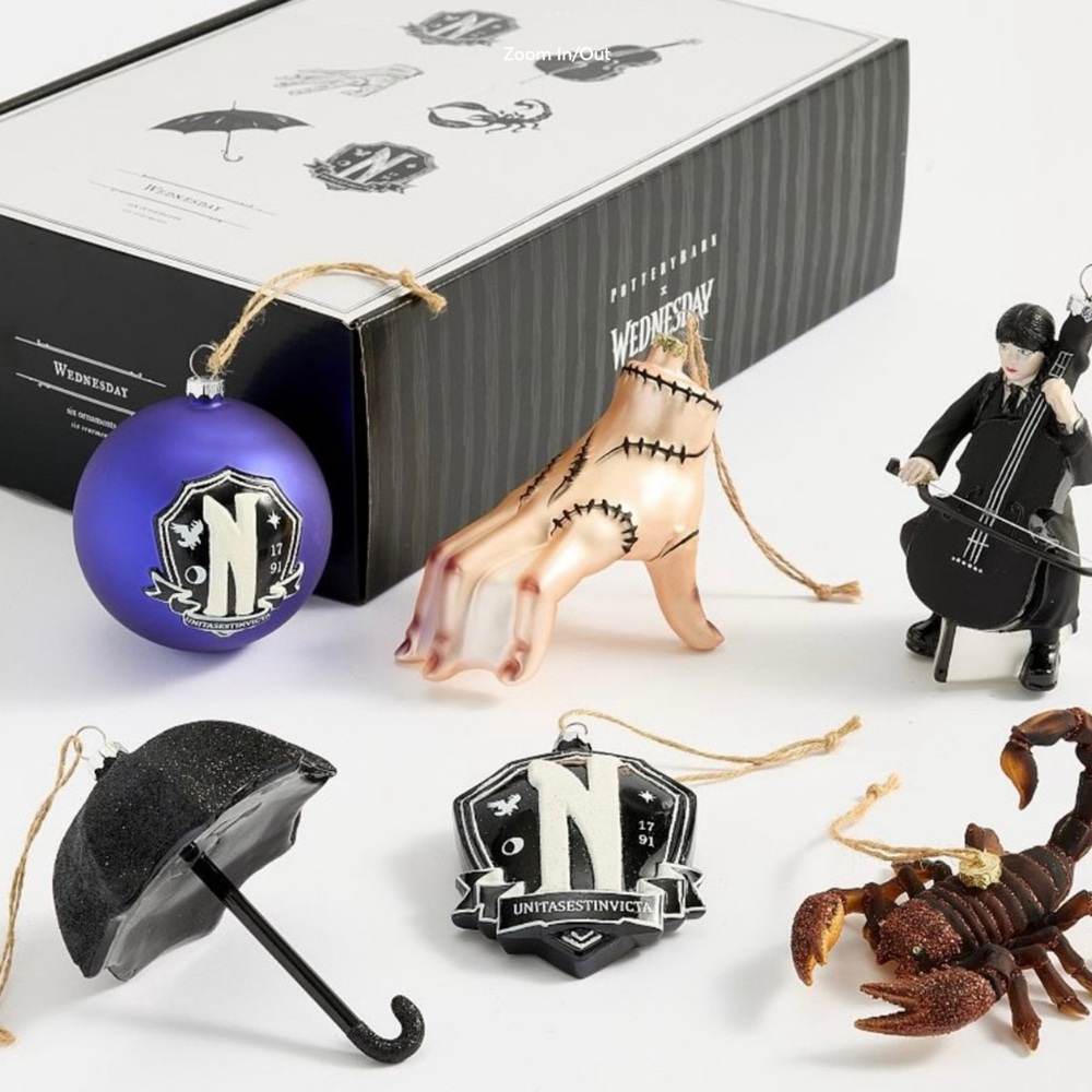 Pottery Barn Wednesday Addams, Thing, Nevermore, Scorpion, Cello ornaments